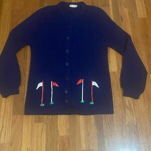 Women Blue Golf motif sweater with leather flags